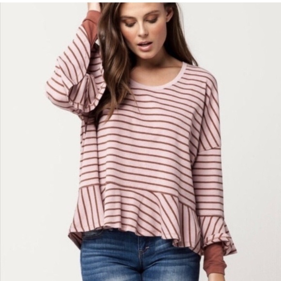 We The Free Tops - EUC Free People Round About Thermal Peplum LS Tee Stripe Pink Brown Medium
